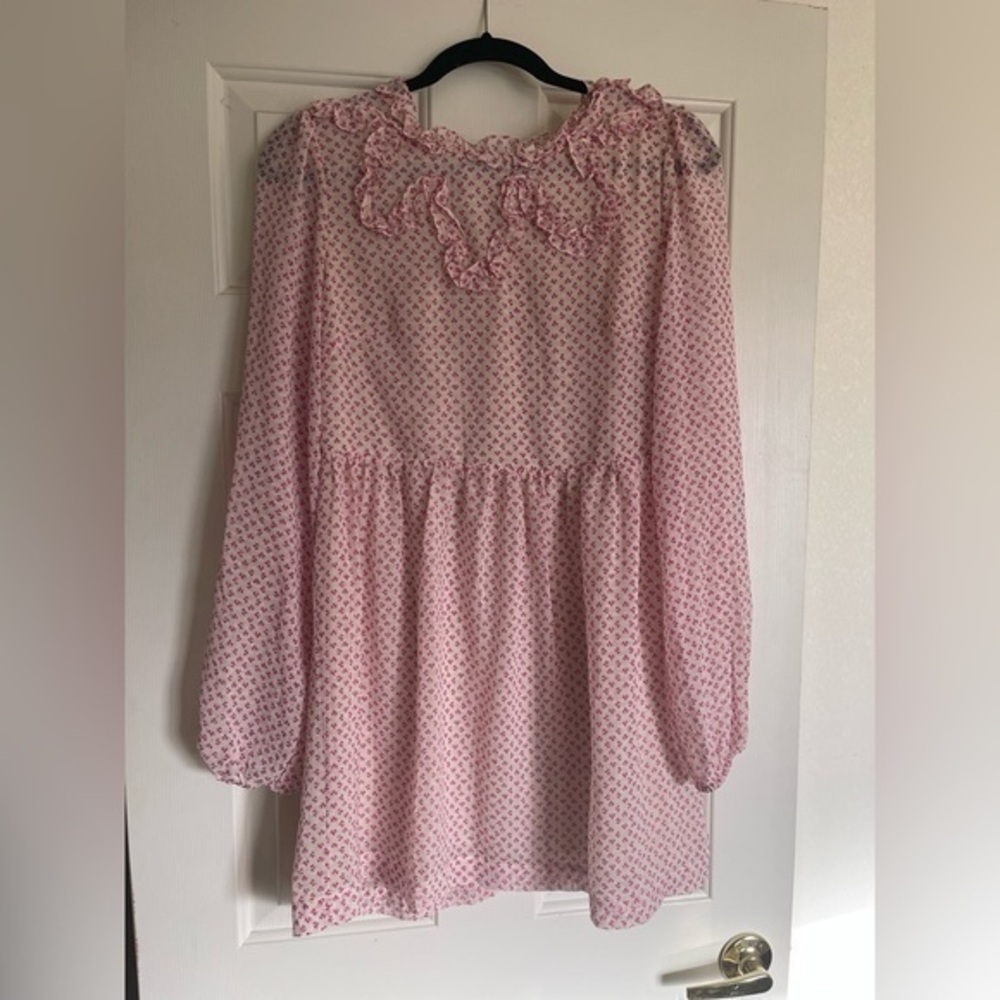 NWOT Free People Pink Dress Ruffle Bib with Sheer Long Sleeves